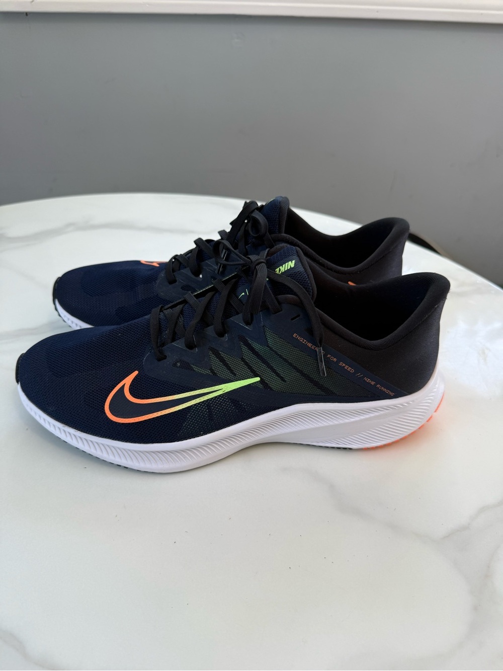 Nike Men’s Navy Athletic Shoes with Orange and Lime Swoosh